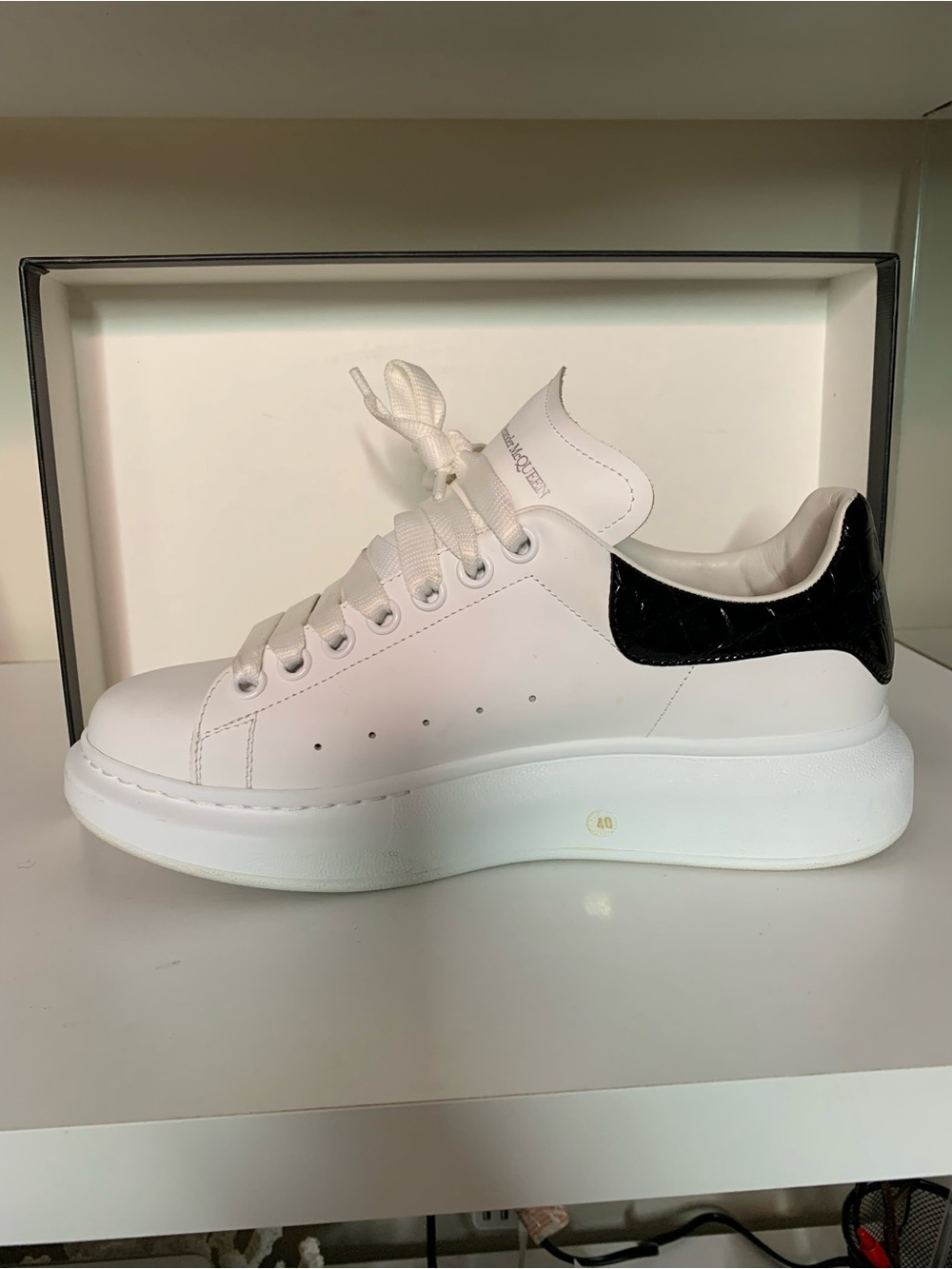Alexander McQueen White Leather Sneakers with Black Croc Heel